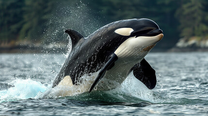 Fototapeta premium Ocean giant Orca whale jumping into the air.
