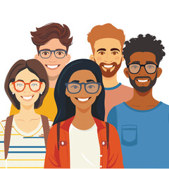 Five young diverse people smiling, group friends, multicultural teamwork. Happy casual students, stylish youth portrait, cheerful team. Adults, modern fashion, eyeglasses, diversity, smiling faces