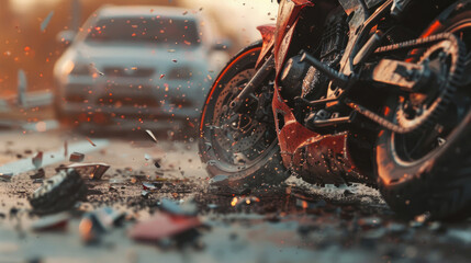 Close-up of Motorcycle Crash with Car Wreckage