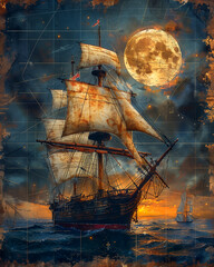 A large ship sails in the ocean at night with a full moon in the background