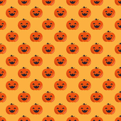 Devil face pumpkin pattern on yellow background. Background for Halloween. Vector illustration