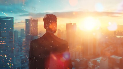 business man looking at the sun on city in the sky, immersive environments, light blue, blurred,...
