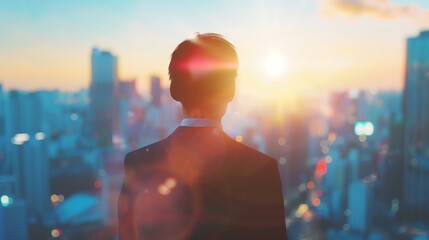 business man looking at the sun on city in the sky, immersive environments, light blue, blurred, stock photo, realistic photography