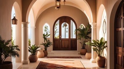 Boho, mediterranean interior design of modern home entryway, hall with arched walls