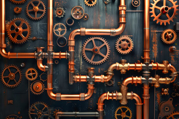 Industrial copper pipes and gears on a dark steampunk background