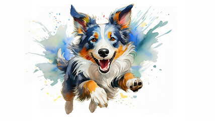 cute running Border collie colorful watercolor background