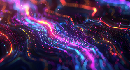 A dark background with colorful neon light swirls and glowing lines