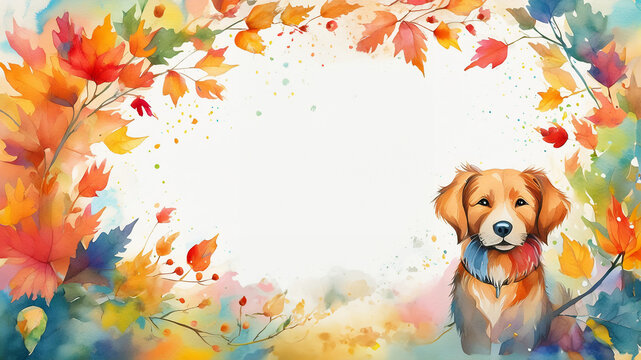 Rainbow watercolor plant border with dog and white space for text background frame