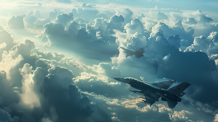 Fototapeta premium Aerial combat between two jet fighters amidst billowing clouds