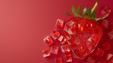 Strawberry and ice cubes on red background. Copy space.