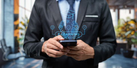 Hologram Ui shows about learning, studying, gaining knowledge, increasing skills in the online...