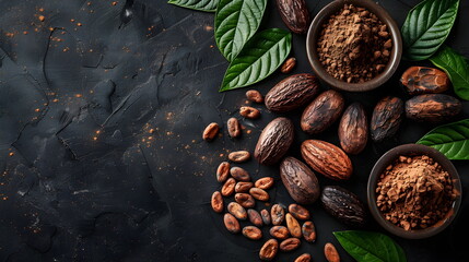 Cocoa powder and cocoa beans on a dark background