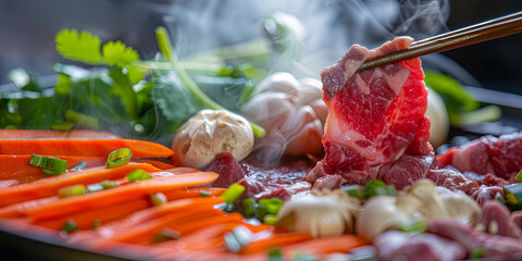 close up of hot pot ingredients, meat and vegetables in the center with chopsticks picking up beef slices from top to bottom, generative AI