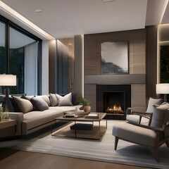 A modern living room with a sectional sofa, accent chairs, and a fireplace4