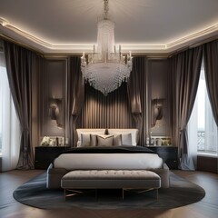 A glamorous bedroom with a four-poster bed, velvet drapes, and a crystal chandelier1