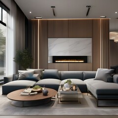 A modern living room with a sectional sofa, accent chairs, and a fireplace3