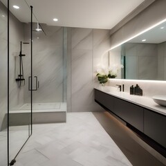 A modern bathroom with a double vanity, glass-enclosed shower, and marble tile3