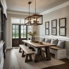 A rustic dining room with a farmhouse table, bench seating, and vintage light fixtures4