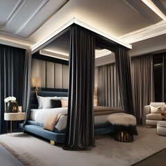 A chic bedroom with a canopy bed, velvet curtains, and mirrored furniture5