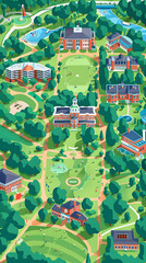 Detailed Illustrative University Campus Map with Building Icons and Pathways