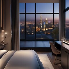 A luxurious bedroom with a king-sized bed, elegant decor, and a view of the city skyline3
