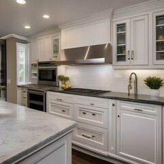 Fototapeta premium A classic kitchen with white cabinets, granite countertops, and stainless steel appliances3