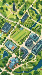 Detailed Illustrative University Campus Map with Building Icons and Pathways