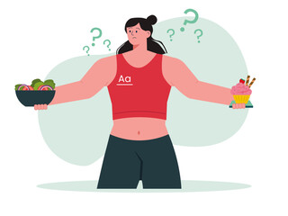 Woman confused between healthy and junk food. Diet vector illustration