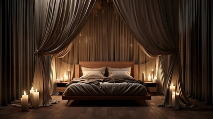 A luxurious wooden poster bed draped with sheer curtains, evoking a sense of opulence and grandeur
