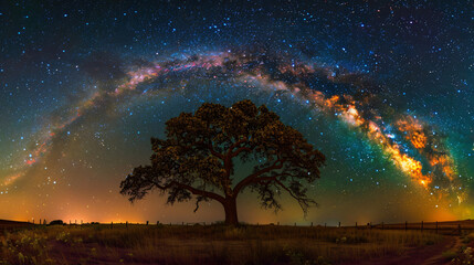 A lone oak tree silhouetted against a magnificent night sky filled with a stunning Milky Way galaxy and colorful nebulae. The tree stands in a rural field with a fence in the foreground - Powered by Adobe