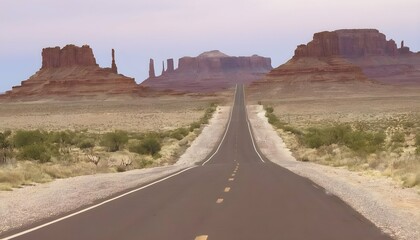 A remote desert road flanked by mesas and buttes upscaled 2 - obrazy, fototapety, plakaty