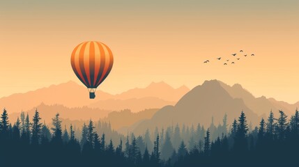 Obraz premium vector illustration of a hot air balloon floating over forest and mountains, minimalist design, flat vector style, soft colors, calming effect.