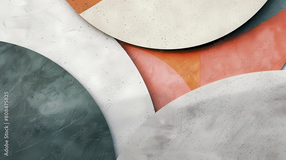 Poster asymmetrical abstract composition featuring a circular object with a isolated background, surrounded
