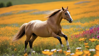 Craft a scene with a golden horse trotting through