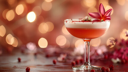 Pink cocktail in a fancy glass with flower garnish
