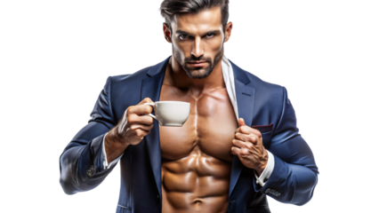 Muscular businessman in a suit holding a coffee cup in white setting