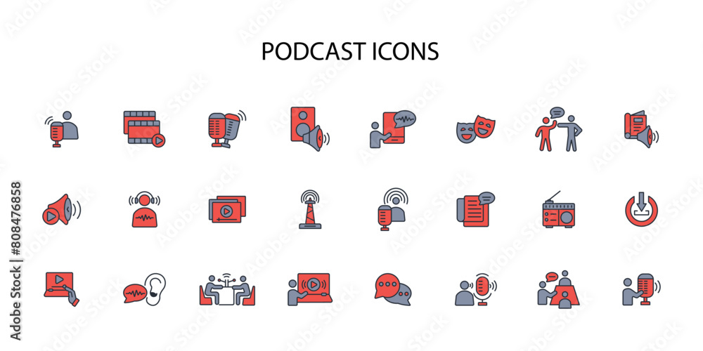 Poster podcast icon set.vector.editable stroke.linear style sign for use web design,logo.symbol illustratio
