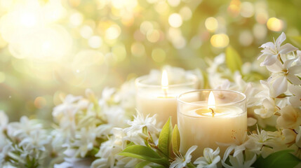 White candles and jasmine blossoms are on a blurred background of a spring garden with sunlight.