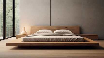 A minimalist wooden platform bed with clean lines, creating a serene and modern sleeping space