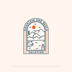 Mountain and beach vacation logo design with line art simple vector minimalist illustration template, travel logo designs