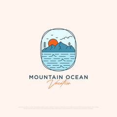 Mountain Ocean vacation logo design simple vector minimalist illustration template, travel agency logo idea