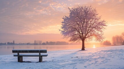 A peaceful winter setting with a single tree covered in snow next to a wooden bench, overlooking a frozen lake at sunrise 8K , high-resolution, ultra HD,up32K HD