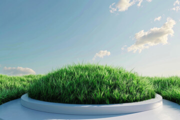 Fototapeta premium Grass covers a white circular podium set against a blue sky.