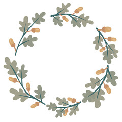 Oak leaves and oak seed wreath illustration for decotaion on Autumn forest and nature concept.