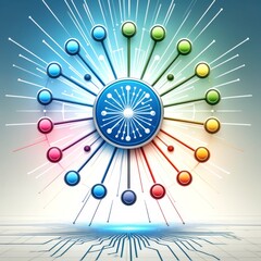 Colorful Network Hub Icon with Radiating Connections in a Circular Design, Symbolizing Connectivity and Communication