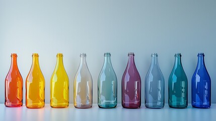 Against a clean, white backdrop, a row of eight glass bottles in various colors adds a pop of vibrancy to the scene 8K , high-resolution, ultra HD,up32K HD