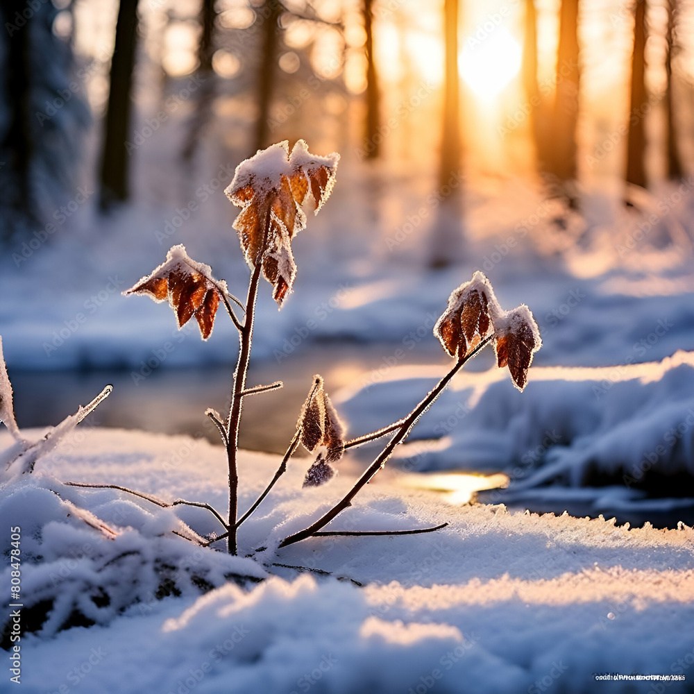 Wall mural winter season outdoors landscape frozen plants in nature on the ground covered with ice and snow,sto