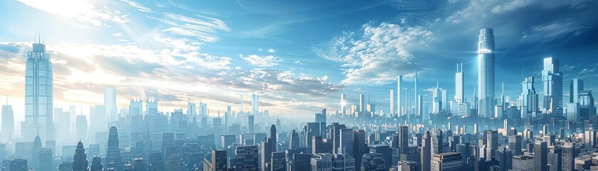 Naklejka premium A stunning panoramic view of a futuristic city with gleaming white buildings and a clear blue sky 8K , high-resolution, ultra HD,up32K HD