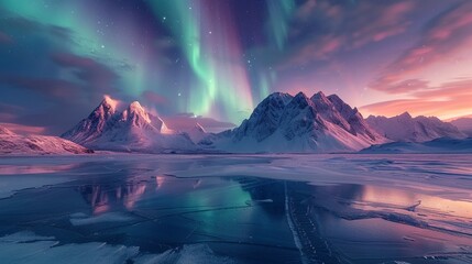 Snowcapped mountains and a frozen river under a colorful aurora borealis in a beautiful winter scene