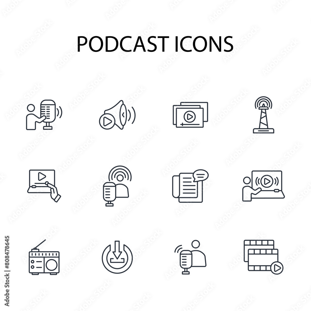 Poster podcast icon set.vector.editable stroke.linear style sign for use web design,logo.symbol illustratio
